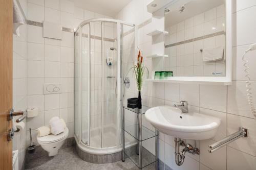 Pfarrkirchen im MühlkreisにあるPension Panoramablickのシャワー、洗面台、トイレ付きのバスルーム