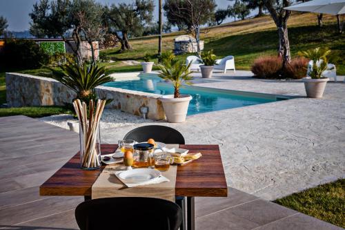 a table with a plate of food on it next to a pool at Ranieri Events and B&B in Casacanditella