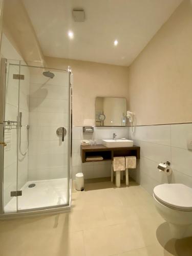 a bathroom with a shower and a sink and a toilet at Hotel Deutsches Haus in Dinkelsbühl