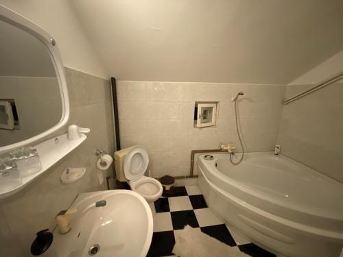 a bathroom with a toilet and a tub and a sink at Apartament Mansarda in Curtea de Argeş