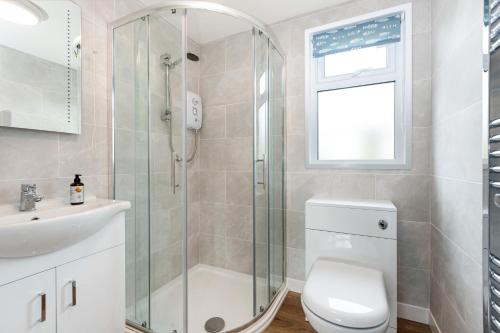 a bathroom with a shower and a toilet and a sink at 40 Norton Park in Dartmouth