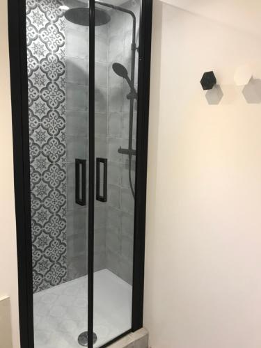 une douche avec une porte vitrée dans une salle de bain dans l'établissement Appartement Suquet Forville, à Cannes