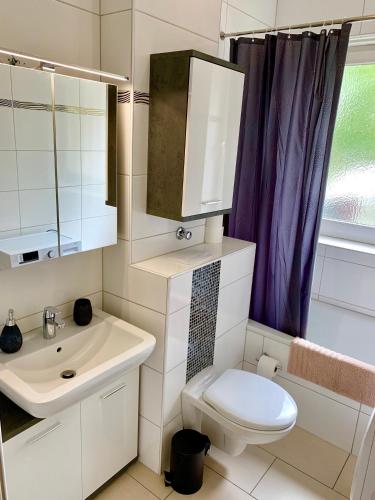 a bathroom with a sink and a toilet and a mirror at Apartment Celin in Hannover