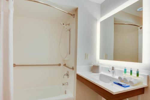 a bathroom with a sink and a shower and a mirror at Holiday Inn Express & Suites Orlando International Airport by IHG in Orlando