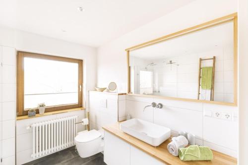 La salle de bains blanche est pourvue d'un lavabo et d'un miroir. dans l'établissement Kohler Hofquartier, à Kappelrodeck