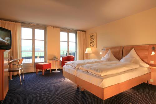 a hotel room with a bed and a television at Hotel Evviva in Oberstaufen