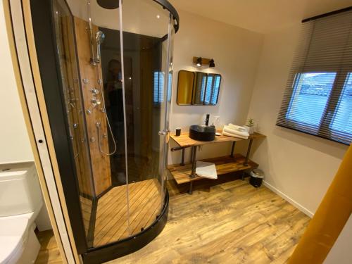 a shower in a bathroom with a wooden floor at Appartement de Standing au coeur de Libourne in Libourne