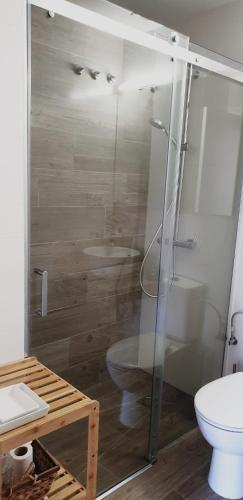a bathroom with a shower and a toilet and a sink at Ático Aretusa in Zahara de los Atunes