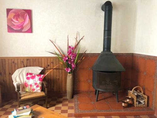 a living room with a stove and a vase of flowers at Le Figuier in La Forêt-Auvray