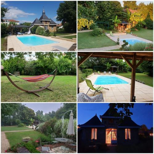 a collage of pictures of a pool and a house at Maison d'Hôtes Lassaubatju in Hontanx