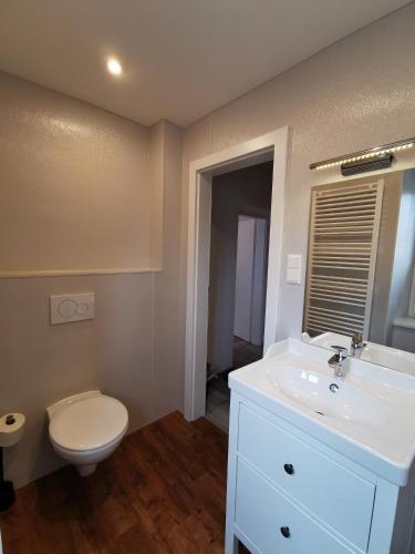 a bathroom with a white sink and a toilet at Bed & Breakfast Goldener Stiefel in Mariazell