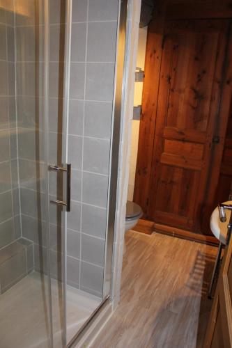 a shower with a glass door in a bathroom at Gite Le Cantou in Saint-Maurice-de-Lignon