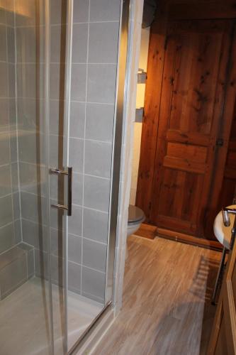 una ducha con puerta de cristal en un baño en Gite Le Cantou, en Saint-Maurice-de-Lignon