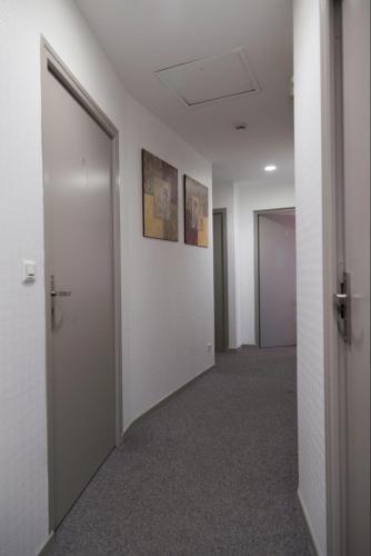 a hallway of an office with two doors and carpet at Les quatre vents in Muizon