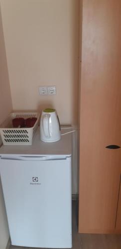a white appliance sitting on top of a refrigerator at Little Amber Apartments in Klaipėda