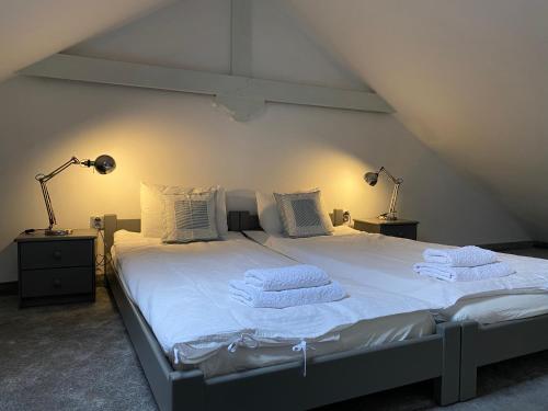 1 dormitorio con 1 cama blanca grande y 2 lámparas en Mały Domek w Górach Sowich en Pieszyce