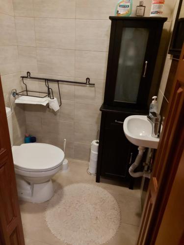 y baño con aseo y lavamanos. en Nyugalom szigete 2 fős apartman 1 hálótérrel, en Vértessomló