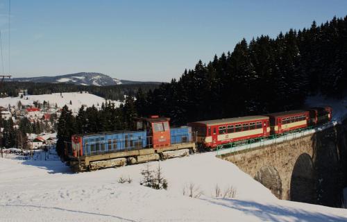 a train on a bridge in the snow at Penzion "Apartmány U Semušky" in Pernink
