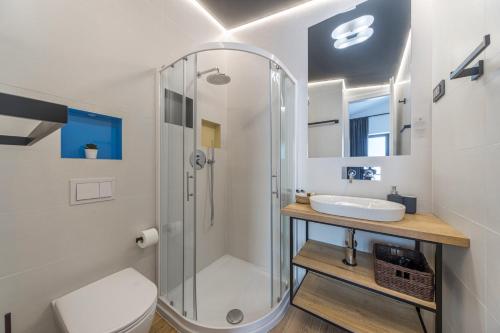 a bathroom with a shower and a toilet and a sink at Lukovo Villas in Lukovo Šugarje