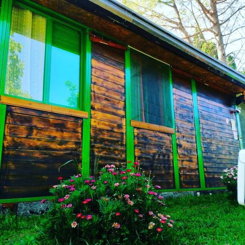 a house with green trim and flowers in front of it at CHALET IL GELSOMINO DELL'ETNA in Giarre
