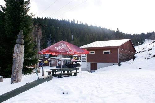 a picnic table in the snow next to a cabin at Penzion "Apartmány U Semušky" in Pernink