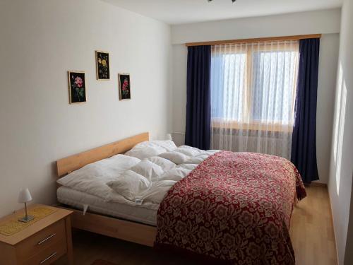 um quarto com uma cama e uma janela em Flumina - Ferienwohnung für max. 4 Personen em Flims