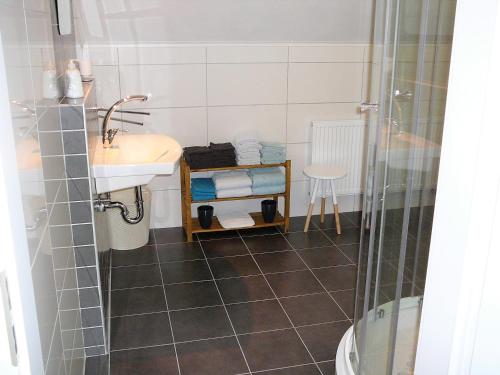 La salle de bains est pourvue d'un lavabo et d'une douche. dans l'établissement vakantiehuis Zidanica, à Žužemberk