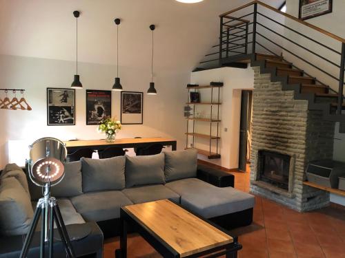 a living room with a couch and a fireplace at Mały Domek w Górach Sowich in Pieszyce