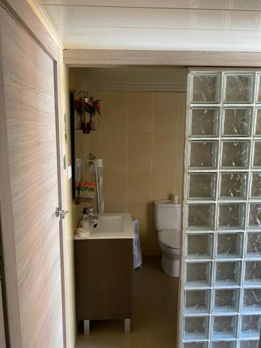 a bathroom with a sink and a toilet with glass blockades at Estudio en la playa de Calafell. Barcelona in Calafell