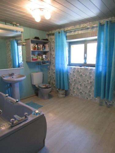 La salle de bains est pourvue de toilettes, d'un lavabo et de rideaux bleus. dans l'établissement Fermette dans les pays de la Loire, à Izé
