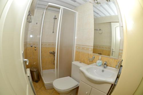 a bathroom with a toilet and a sink and a shower at Rooms and Apartaments De Niro in Trpejca