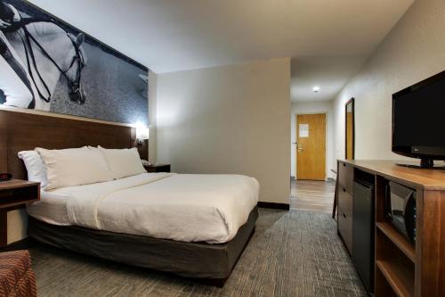 a hotel room with a bed and a flat screen tv at Clarion Pointe Hopkinsville near The Bruce Convention Center in Hopkinsville