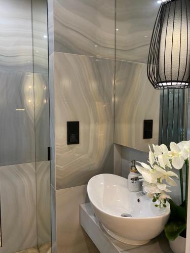 a bathroom with a sink and a glass shower at Family & Business Sauna Apartments No 6 Leśny nad Zalewem Cedzyna - 1 Bedroom with Private Sauna, Terrace, Parking, Catering Options in Kielce
