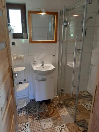 a bathroom with a sink and a shower at GREEN HOUSE in Krasnopol