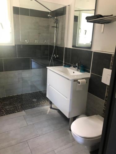 ein Badezimmer mit einem weißen Waschbecken und einem WC in der Unterkunft Chez Muriel in Porto-Vecchio