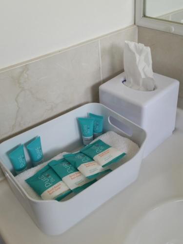 a container of toothbrushes and a box of tissue at Dolphins of Mollymook Motel in Mollymook