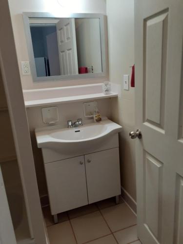 a bathroom with a white sink and a mirror at Chameleon Hotel in Castlegar