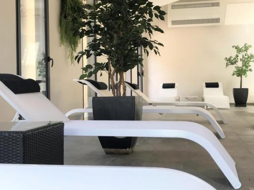 a room with white chairs and a potted plant at Clos Saint-Michel Resort & Spa in Malaucène