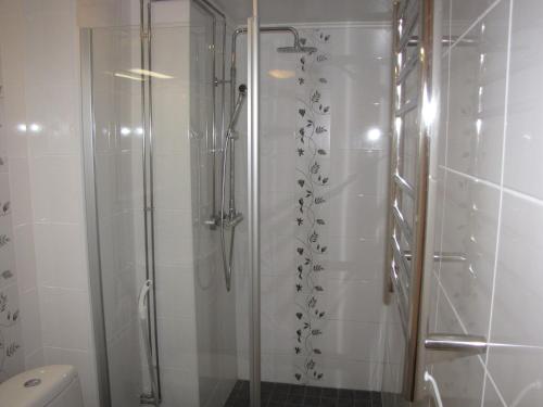 a shower with a glass door in a bathroom at Lapin Satu in Posio