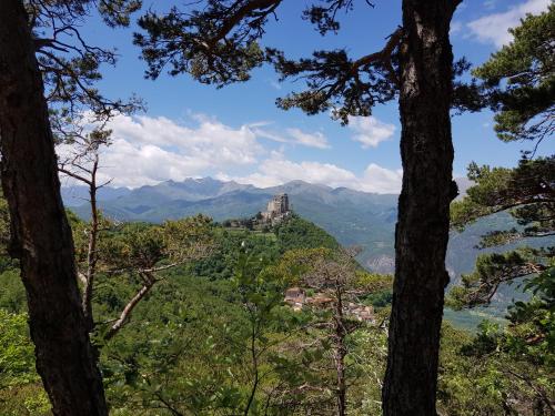 a view of a mountain with a castle in the distance at Certosa 1515 in Avigliana