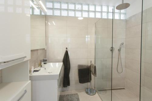 a bathroom with a shower and a sink at Apartments Villa Whitehouse in Ostrava