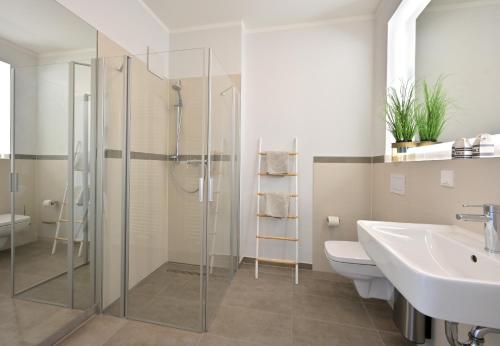 La salle de bains est pourvue d'une cabine de douche en verre et d'un lavabo. dans l'établissement ArkonaPanorama, à Glowe