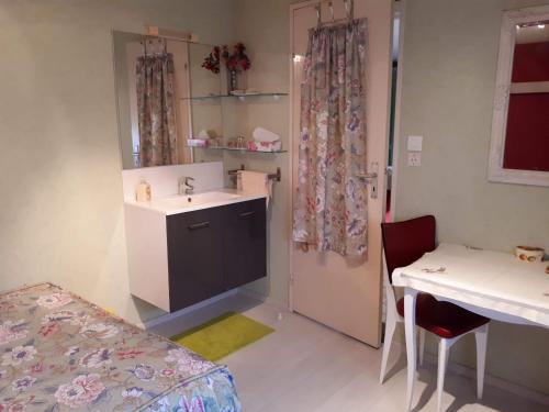 Cette petite chambre comprend un lavabo, un lit et une table. dans l'établissement "les amandiers", à Mittelwihr