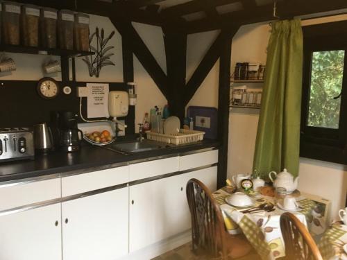 uma cozinha com uma mesa e uma bancada em Otters Green em Botley
