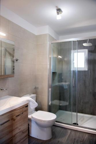 a bathroom with a toilet and a glass shower at Boursinos cozy apartments in Lefkada Town
