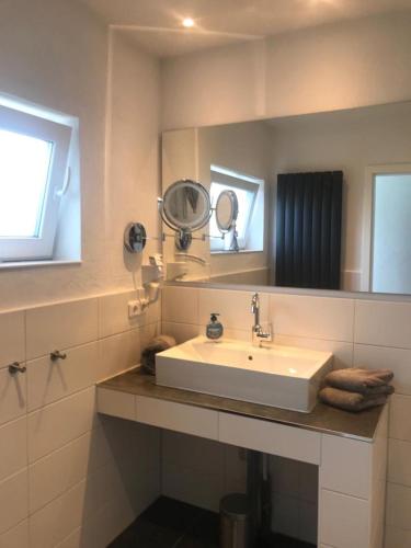 a bathroom with a sink and a mirror at Haus Bachwiesen in Grömitz