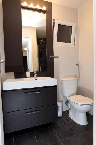 a bathroom with a sink and a toilet and a mirror at Vila SanAdrija in Drvenik Mali
