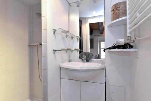 une salle de bain blanche avec un lavabo et une douche dans l'établissement Appartement Le cosy de la Petite Venise, à Colmar