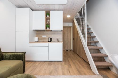 Virtuvė arba virtuvėlė apgyvendinimo įstaigoje Malūno Vilos Apartments