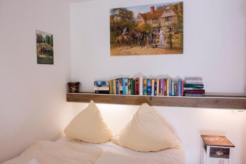 ein Bett mit Kissen und ein Regal mit Büchern in der Unterkunft App 624 Panoramic Hohegeiß Terrassenhaus in Braunlage